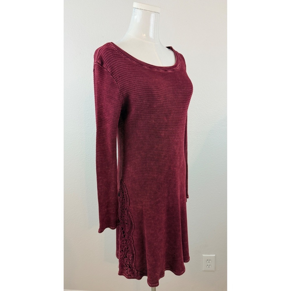 Able Boho Cottagecore Maroon Waffle Knit Crochet Trim Long Sleeve Mini Dress S - Picture 6 of 11